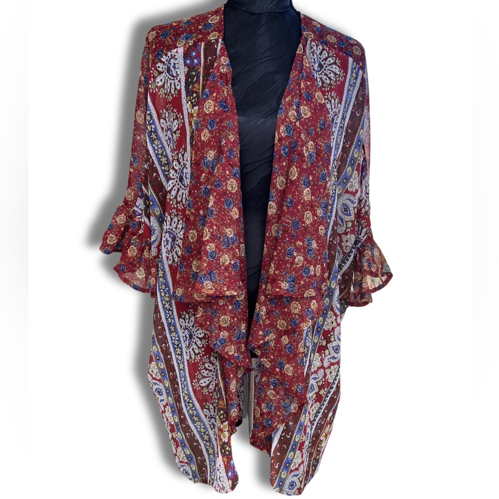Umgee Red Floral Ruffle Kimono - Picture 2 of 8